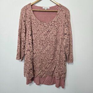 Rose + Olive Womens Pink Lace Tunic Top Sz 2X Scoop Neck 3/4 Sleeve Office Work